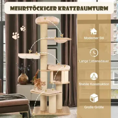 191 cm 6patrový dřevěný kočičí strom s houpací sítí, kočičí jeskyní, košovým pelíškem a sisalovými sloupky