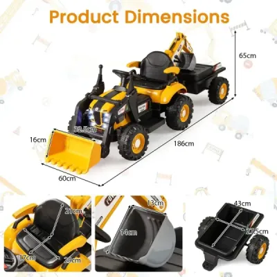 Elektrický traktor s přívěsem, lžící a dálkovým ovládáním 12V, sedadlo traktoru, bagr, žlutý