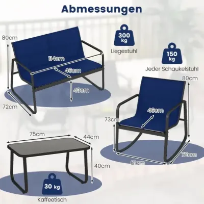 4dílná sada zahradního nábytku Nábytek na terasu s jemným houpacím pohybem Sedací souprava Sedací souprava pro 4 osoby Modrá barva