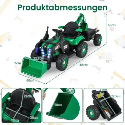 Elektrický traktor s přívěsem, lžící a dálkovým ovládáním 12V, sedadlo traktoru, bagr, zelený