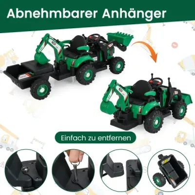 Elektrický traktor s přívěsem, lžící a dálkovým ovládáním 12V, sedadlo traktoru, bagr, zelený