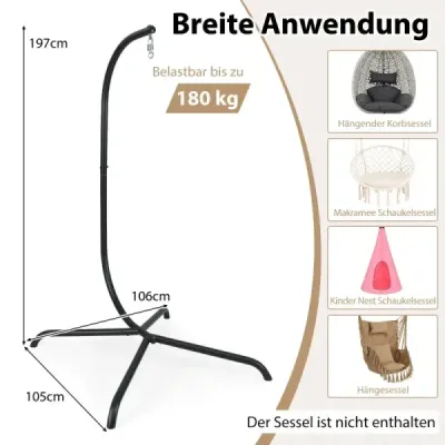 Závěsné křeslo + rám závěsného křesla, sada, PE ratan, závěsný koš, kovový rám