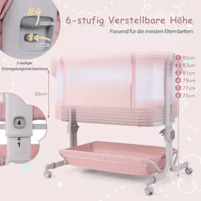 Dětská postýlka 3 v 1, cestovní postýlka s matrací, 6 úrovní, nastavitelná výška, s úložným košem, růžová