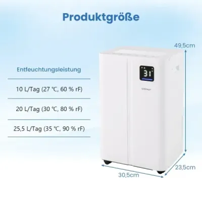 Elektrický odvlhčovač vzduchu s výkonem 25,5 l/den, odvlhčovač vzduchu pro místnosti o rozloze 25 m²