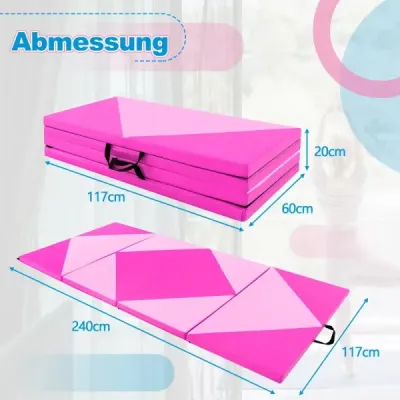 Skládací gymnastická podložka o délce 240 cm, velká sportovní podložka 240 cm x 117 cm x 5 cm z PU kůže se suchým zipem, růžová