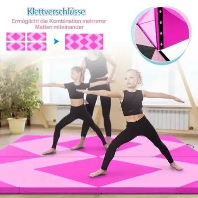 Skládací gymnastická podložka o délce 240 cm, velká sportovní podložka 240 cm x 117 cm x 5 cm z PU kůže se suchým zipem, růžová