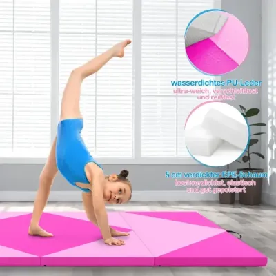 Skládací gymnastická podložka o délce 240 cm, velká sportovní podložka 240 cm x 117 cm x 5 cm z PU kůže se suchým zipem, růžová