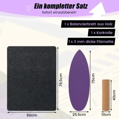 Balanční deska ze dřeva Balanční deska Balanční trenažér Trickboard pro domácnost včetně korkové role Fialová