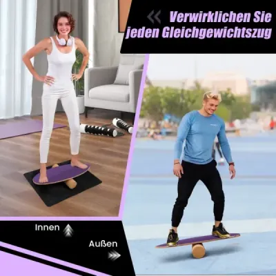 Balanční deska ze dřeva Balanční deska Balanční trenažér Trickboard pro domácnost včetně korkové role Fialová