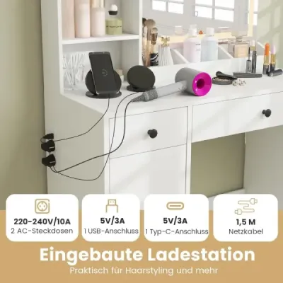 Toaletní stolek se stoličkou a zrcadlem LED a zásuvkami Sada toaletních stolků Kosmetický stolek bílý