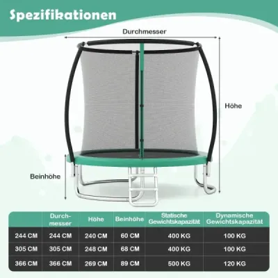 Venkovní trampolína s žebříkem, kulatá zahradní trampolína s ochrannou sítí, krytem okraje a kovovým rámem Ø305 cm, zelená