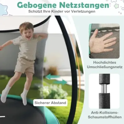 Venkovní trampolína s žebříkem, kulatá zahradní trampolína s ochrannou sítí, krytem okraje a kovovým rámem Ø305 cm, zelená