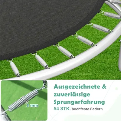 Venkovní trampolína s žebříkem, kulatá zahradní trampolína s ochrannou sítí, krytem okraje a kovovým rámem Ø305 cm, zelená