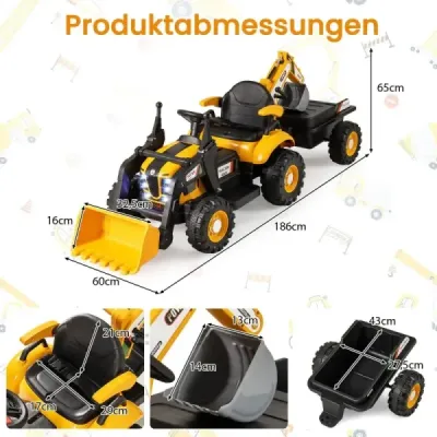 Elektrický traktor s přívěsem, lžící a dálkovým ovládáním 12V, sedadlo traktoru, bagr, žlutý