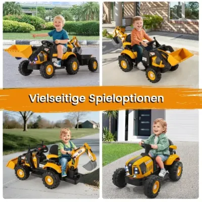 Elektrický traktor s přívěsem, lžící a dálkovým ovládáním 12V, sedadlo traktoru, bagr, žlutý