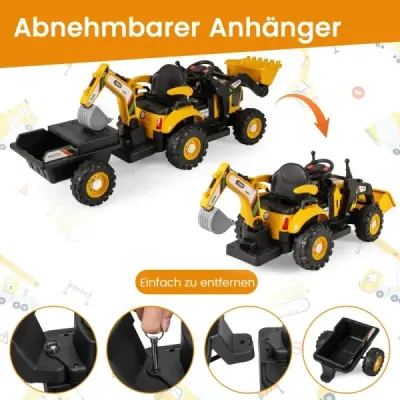 Elektrický traktor s přívěsem, lžící a dálkovým ovládáním 12V, sedadlo traktoru, bagr, žlutý
