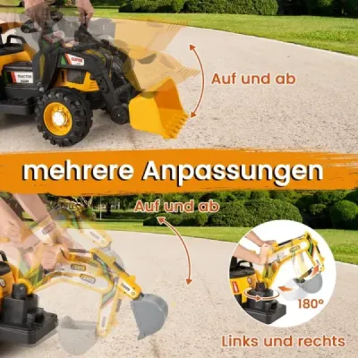 Elektrický traktor s přívěsem, lžící a dálkovým ovládáním 12V, sedadlo traktoru, bagr, žlutý