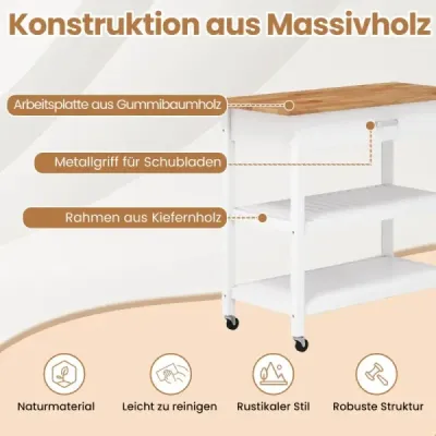 Mobilní kuchyňský ostrůvek s pracovní deskou a zásuvkou Kuchyňský vozík 3patrový kuchyňský vozík Bílá