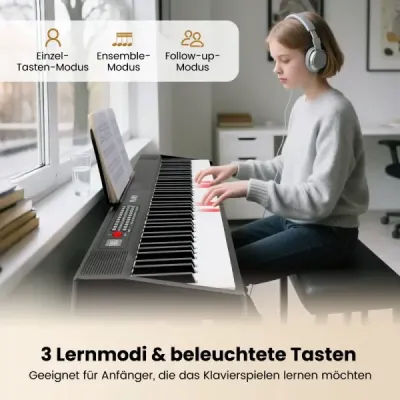 Skládací klavírní klávesnice s 88 klávesami, funkcí dělení a 3 režimy učení, černá