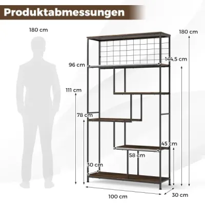 6patrový vysoký stojan na květiny s kovovou sítí, geometrický tvar, rustikální hnědý