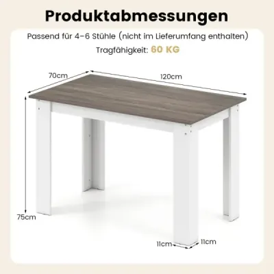 Jídelní stůl 120 cm pro 4-6 osob, dřevěný obdélníkový stůl, velký jídelní stůl, moderní kuchyňský stůl, bílý