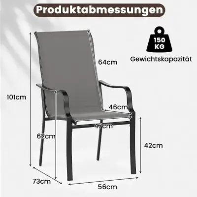 Sada 2 zahradních židlí s vysokým opěradlem, nosnost až 150 kg, zahradní židle, šedá