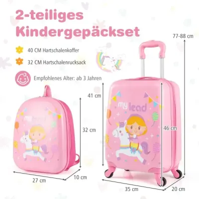 Dvoudílná sada dětských kufrů, dětské zavazadlo s kolečky, příruční zavazadlo 16" a batoh s pevnou skořepinou 13", růžoví jednorožci