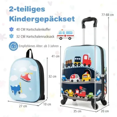 2dílná sada dětských kufrů, dětská zavazadla s kolečky, příruční zavazadlo 16" a batoh s pevnou skořepinou 13", modrá transportní