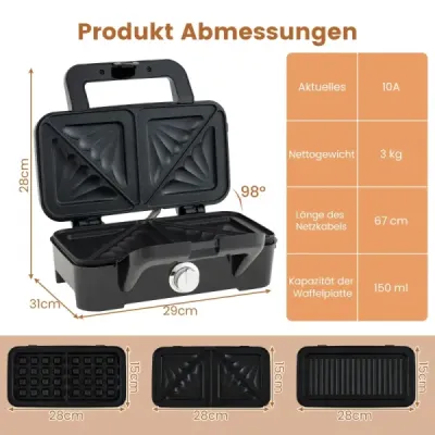Přenosný elektrický sendvičovač 3 v 1 na vafle a panini a sendvičovač
