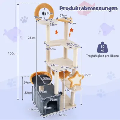 160 cm škrabadlo se sisalovým škrabadlem, deskou a domečkem Vícepatrový kočičí strom Věž pro kočky