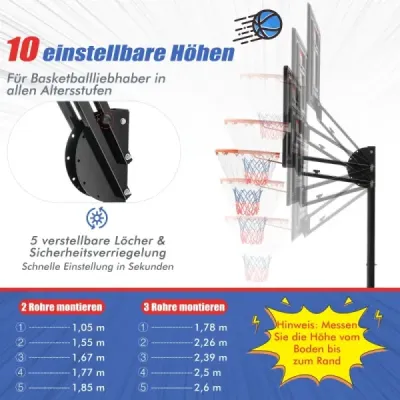 Výškově nastavitelný basketbalový stojan 105-260 cm se stojanem a basketbalovým košem na 2 kolečkách