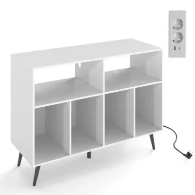 Stojan na gramofon s nabíjecí stanicí Stojan na gramofon s policemi pro uložení vinylů Bílý