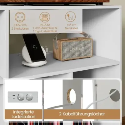 Stojan na gramofon s nabíjecí stanicí Stojan na gramofon s policemi pro uložení vinylů Bílý