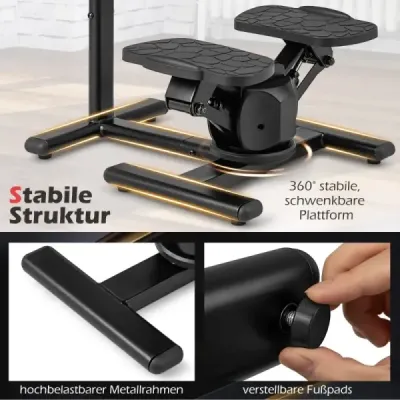 Stepper pro trénink Twist Stair Stepper tréninkové zařízení s výškově nastavitelnou rukojetí a protiskluzovými pedály Černá barva