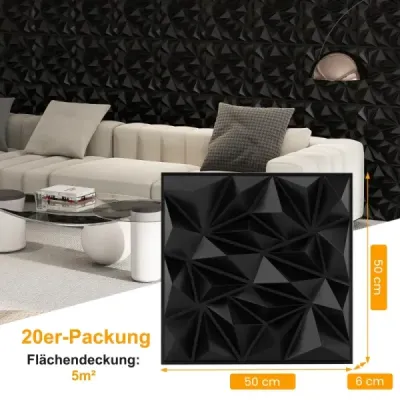 20 kusů 3D nástěnných panelů diamant 50 x 50 cm nástěnné obklady nástěnné dekorace černé 5m²