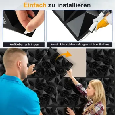 40 kusů 3D nástěnných panelů diamant 50 x 50 cm nástěnné obklady nástěnné dekorace černé 10m²