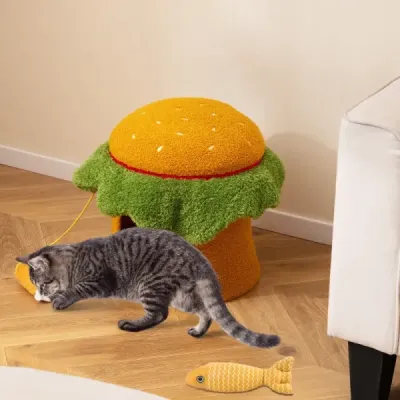 Roztomilý kočičí pelíšek ve tvaru hamburgeru s polstrovaným horním sedátkem, závěsná plyšová hračka oranžová