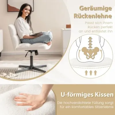 Kancelářská židle bez područek, výškově nastavitelná židle se zkříženýma nohama s houpací funkcí, bezpodručková kancelářská židle, béžová