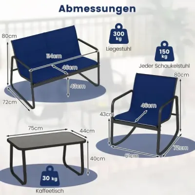 4dílná sada zahradního nábytku Nábytek na terasu s jemným houpacím pohybem Sedací souprava Sedací souprava pro 4 osoby Modrá barva
