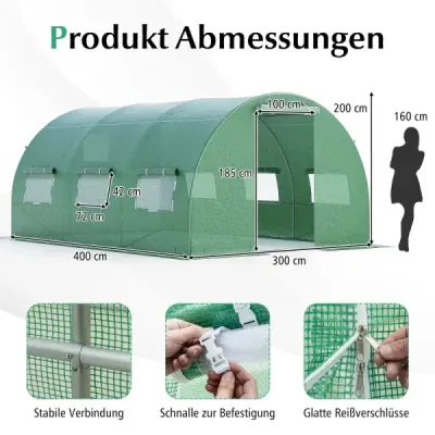 Skleník 4 x 3 x 2m|12m² fóliový skleník s kovovým rámem Skleník se 6 rolovacími okny ze síťoviny Zelený
