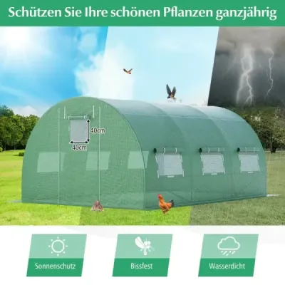 Skleník 4 x 3 x 2m|12m² fóliový skleník s kovovým rámem Skleník se 6 rolovacími okny ze síťoviny Zelený
