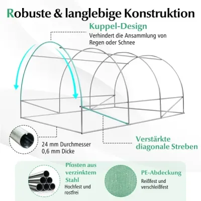 Skleník 4 x 3 x 2m|12m² fóliový skleník s kovovým rámem Skleník se 6 rolovacími okny ze síťoviny Zelený