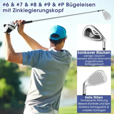 9dílná kompletní sada golfových holí pro praváky, včetně driveru, vyrobená ze zinkové slitiny šedé barvy