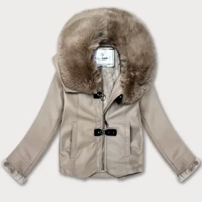 Kožená bunda s kožešinovým límcem Glakate MODA8091 béžová