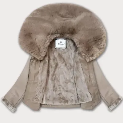 Kožená bunda s kožešinovým límcem Glakate MODA8091 béžová