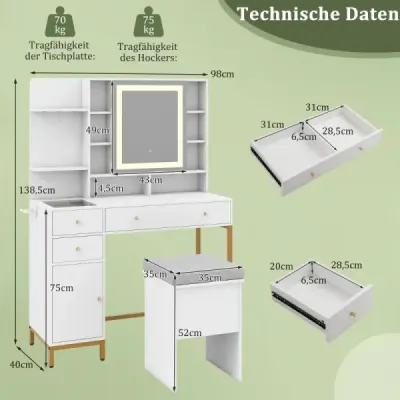 Toaletní stolek s osvětleným zrcadlem, sada toaletního stolku a stoličky, 3barevné LED osvětlení, zrcadlová skříňka, bílá