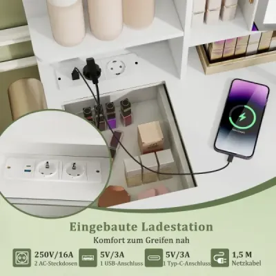 Toaletní stolek s osvětleným zrcadlem, sada toaletního stolku a stoličky, 3barevné LED osvětlení, zrcadlová skříňka, bílá