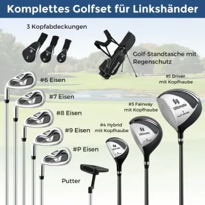 Kompletní sada golfových holí a bagů pro leváky Přenosný lehký golfový stojan Bag Black
