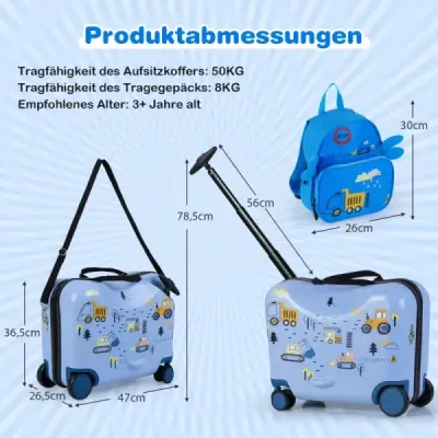 2dílný dětský kufr + batoh 47 cm dlouhý kufr na kolečkách a 30 cm široký batoh bagr