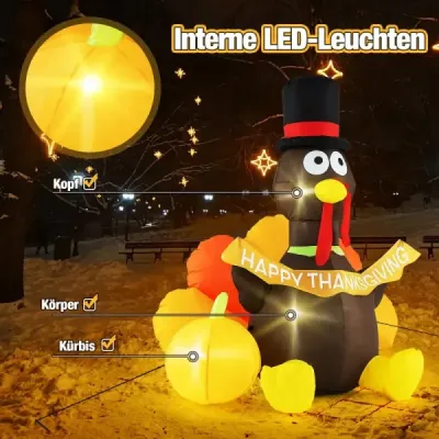 150 cm nafukovací dekorace na díkůvzdání s krocanem a dýní a LED světly